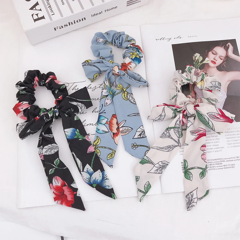 European and American exotic small fresh floral print wavy large intestine ring with ponytail ribbon cloth hair | Красота и здоровье