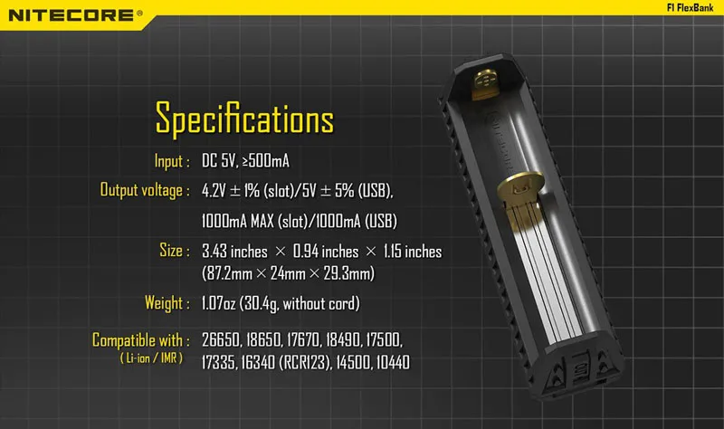 NITECORE F1 зарядное устройство 5V 1A Micro-USB внешний смарт-аккумулятор для Li-Ion IMR 26650 18650 10440 14500 батареи зарядное устройство
