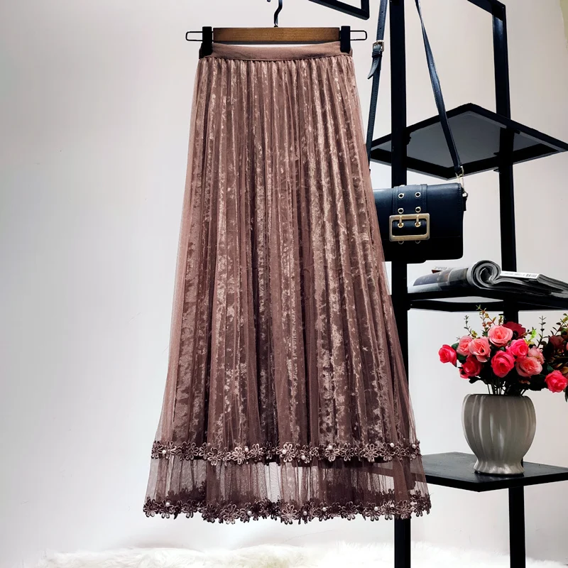 Brown coffee color Зимняя бархатная юбка макси с цветочным кружевом и сеткой, Женская плиссированная юбка с высокой талией и оборками, Макси Длинная фатиновая юбка для женщин, юбка миди - Цвет: Brown coffee color