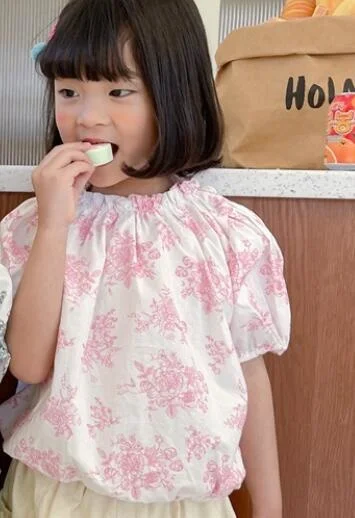 

Girls 2021 Summer Floral Puff Sleeve Blouses Baby Girl Cotton Cute Tops Loose Clothing