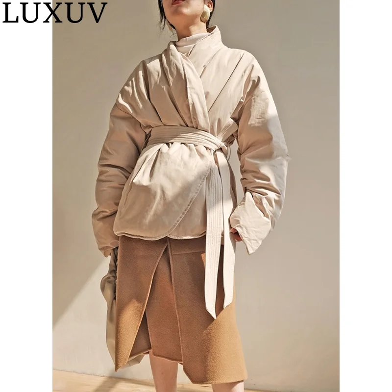 LUXUV Winter Argyle Pattern Women Stand Collar White Duck Down Jacket Fashion Single-breasted Solid Parka Lace-up Chic Coat