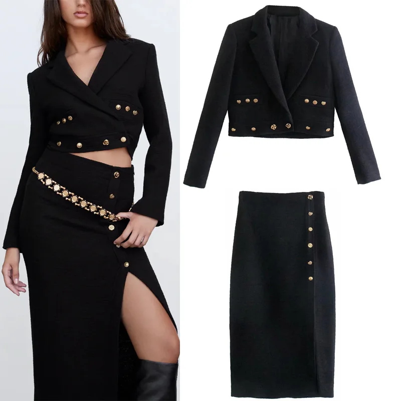 

Женский костюм-рубашка на пуговицах Za, черная Повседневная Однорядная юбка средней длины с V-образным вырезом и длинным рукавом, осень 2021