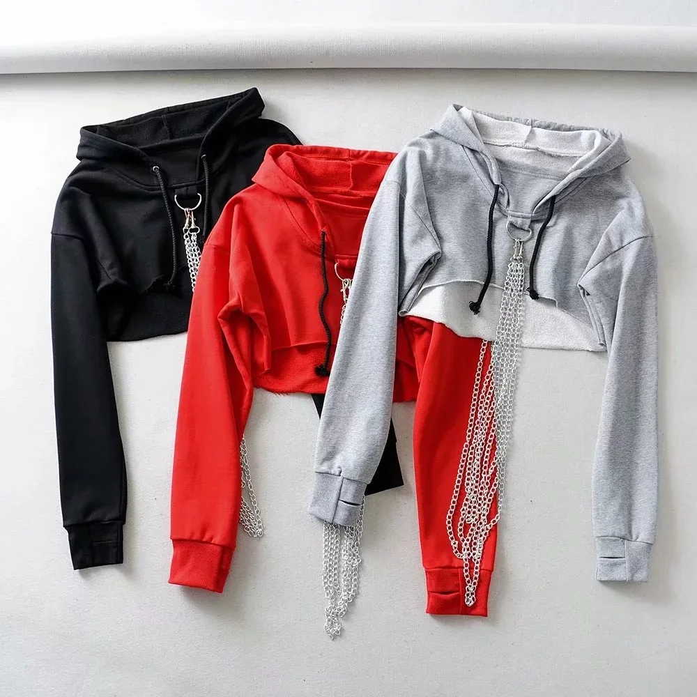 

Womens Crop Tops Sweatshirt Jumper Long Sleeve Female Hoodie Tops Fashion Casual Pullover Fashion Chain Cropped Sweatshirt Women