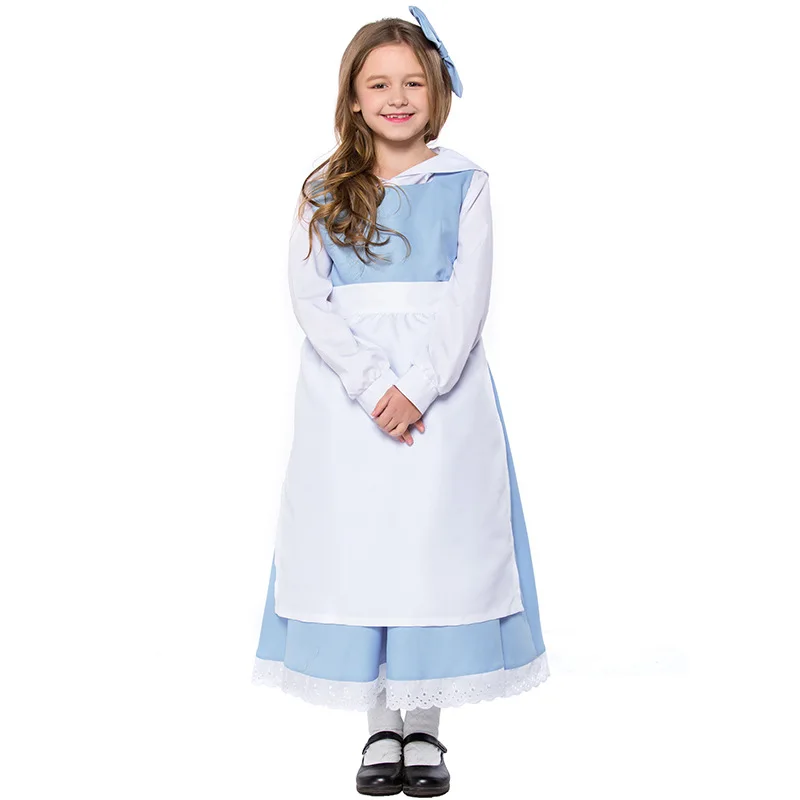 

Teen & Kid Girls Beauty & Beast Belle Princess & Anice Maid Costume White Blue Maid Apron Dress Fancy Uniform For Child