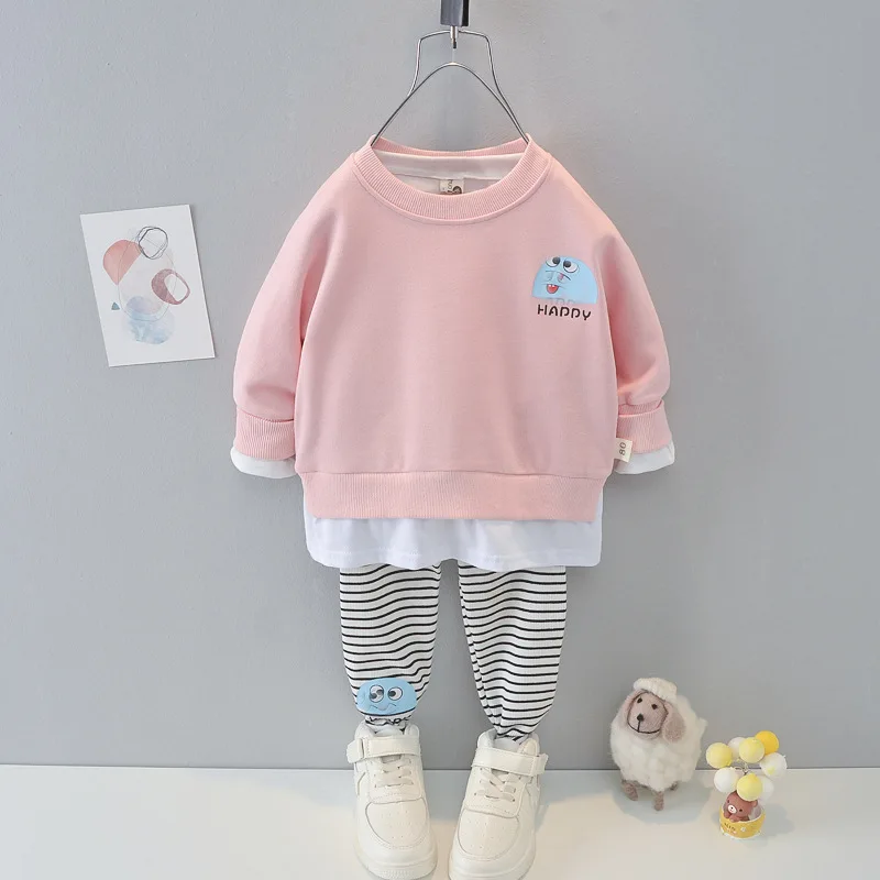 

Fashion Pink Baby Girl Clothes Sets Cartoon Long Sleeve Sweater + Pants Stripe Children's Clothing From 2 To 5 Years Old