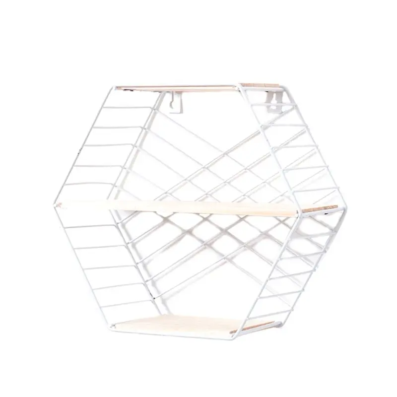 

Wall Mounted Floating Shelf Modern Simple Geometry Wood Metal Wire Hexagon Plant Flower Storage Shelves Display Perfect Decor