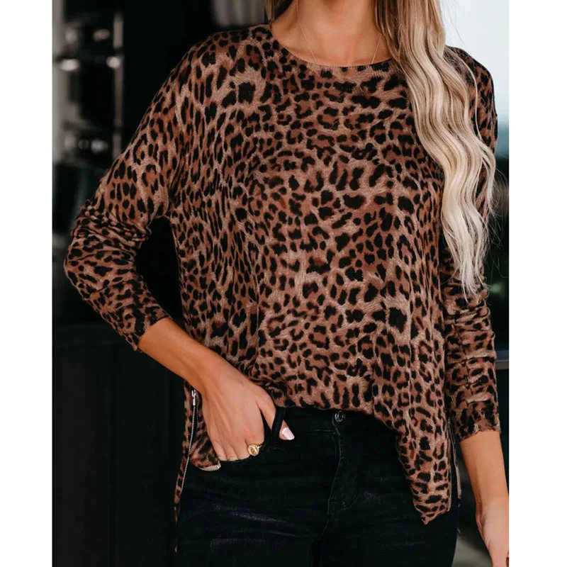 

Leopared Print Women Long Sleeve Blouse Fashion Split Hem Round Neck Autumn Tops Female Tunic MX0001