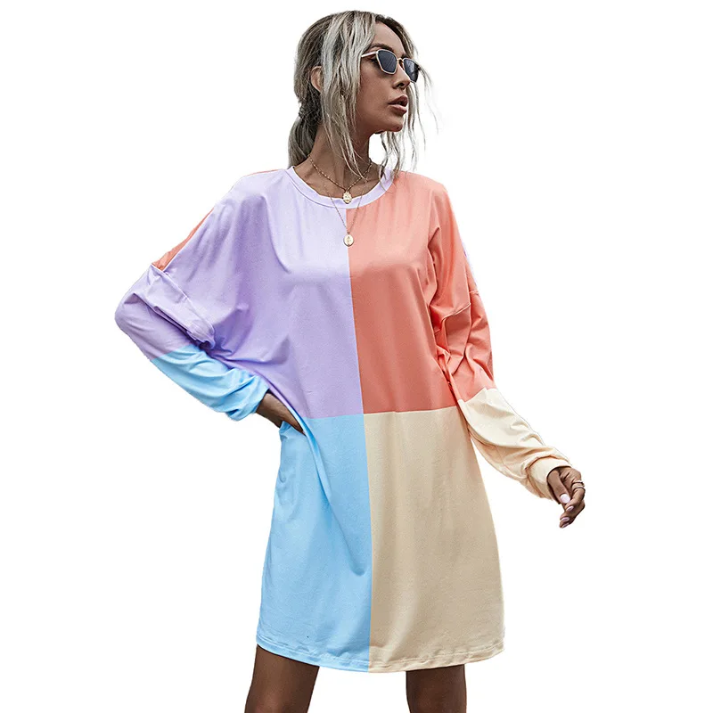 

New Fashion Digital Printing Stitching Loose Dress Women Long Sleeves Knee-Length Skirt Casual Women's Dresses