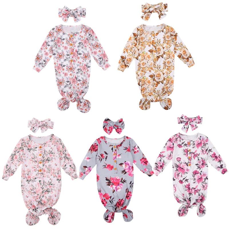 

Newborn Baby Girls Boys Sleeping Bags Floral Printing Long Sleeve Nightgown Sleeping Bag with Headscarf