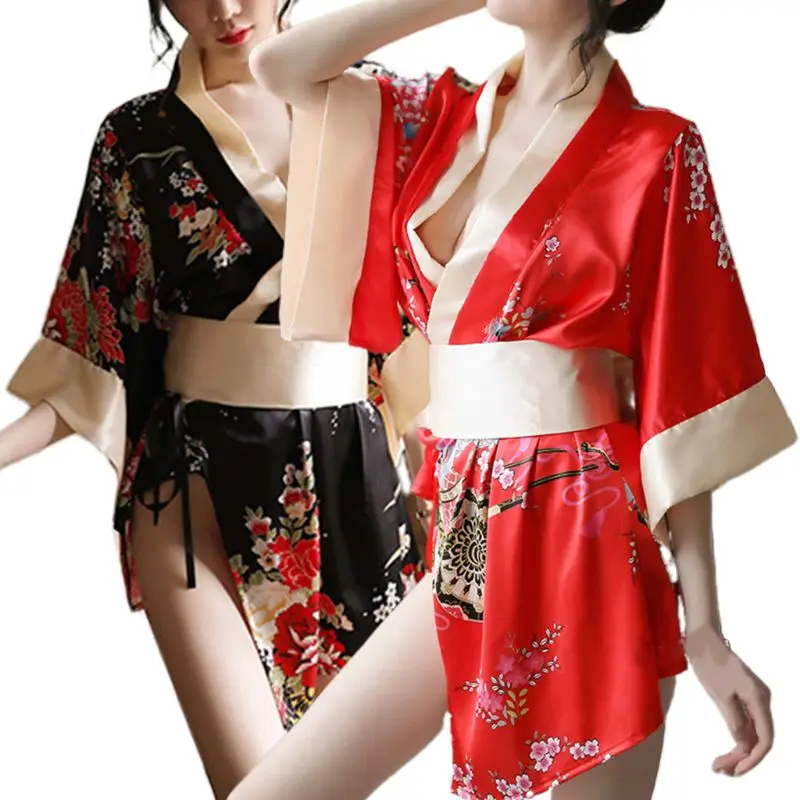 

Women Sexy Lingerie Set Traditional Japanese Kimono Floral Satin Bathrobe Yukata Anime Cosplay Uniform Bowknot Waistband 85WE