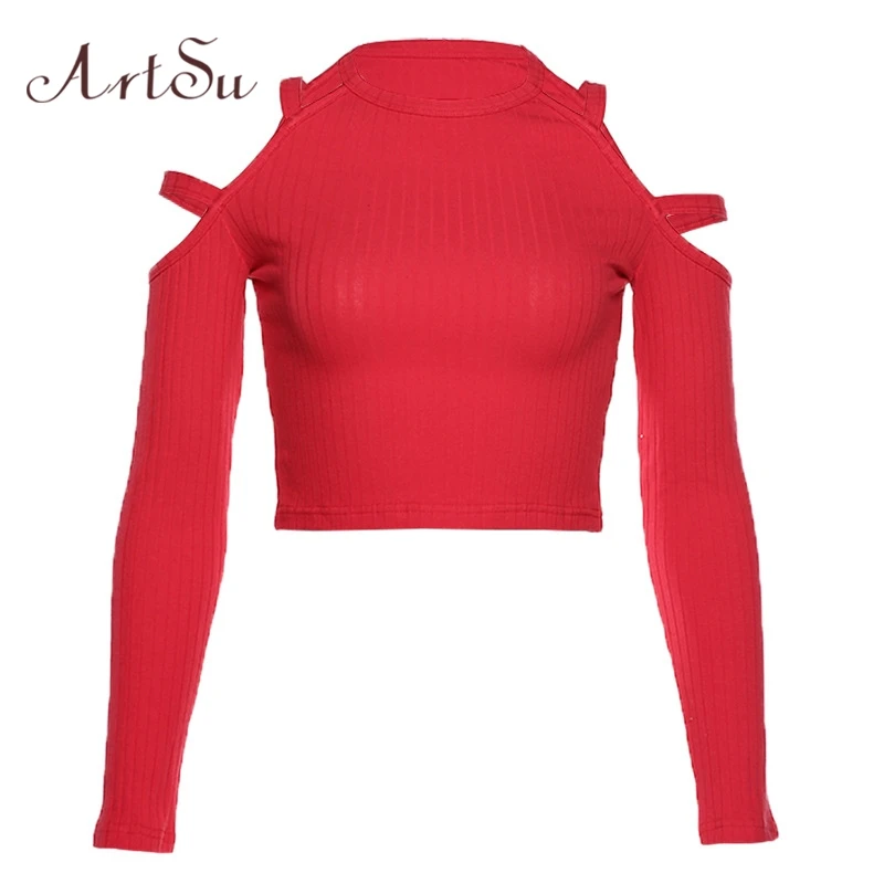 Женская трикотажная футболка ArtSu Красная базовая в полоску с длинным рукавом