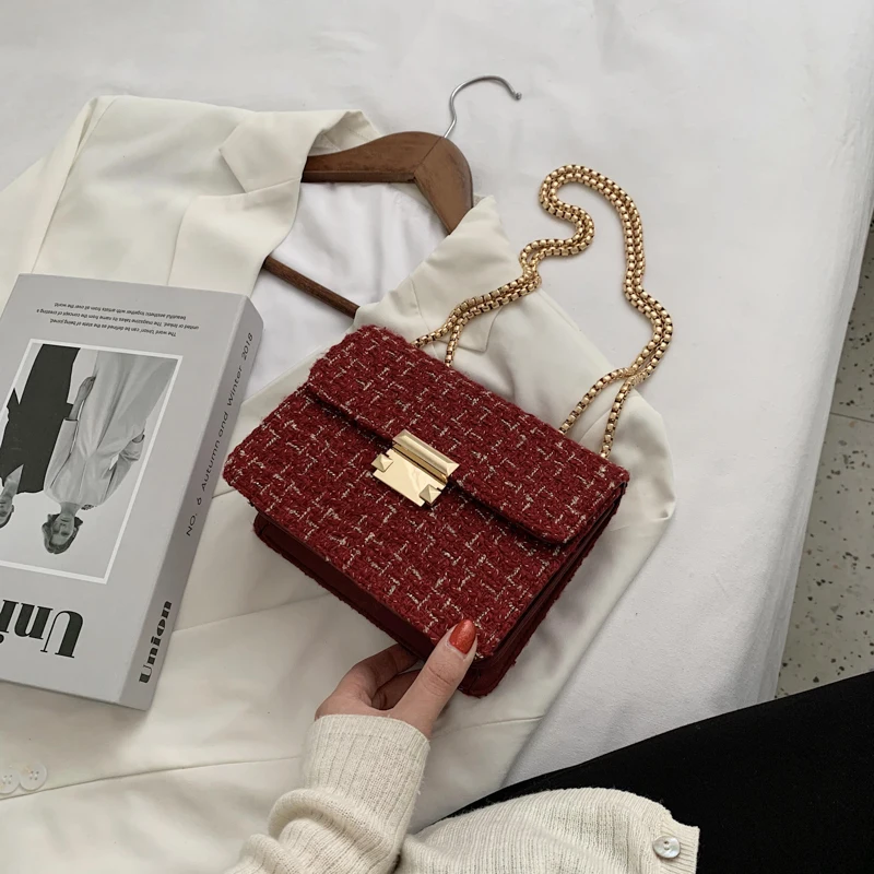 

New High quality Cotton linen Contrast color Square Crossbody bags For Women Designer Handbag Chain Shoulder Messenger Bag Red