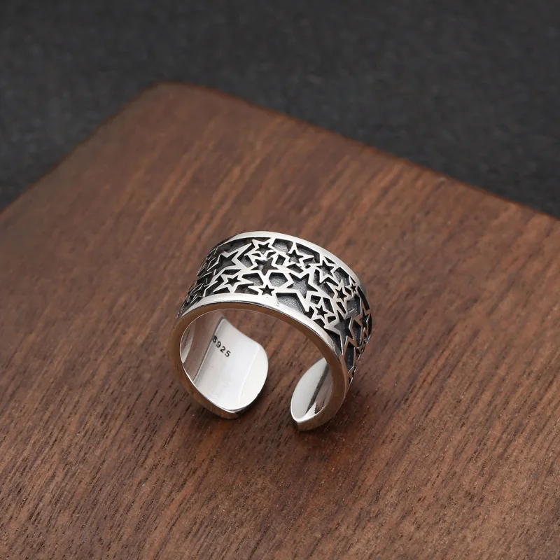 

FNJ Stars Rings 925 Silver Adjustable Size usa 6-8.5 Open Popular S925 Solid Silver Ring for Men Jewelry Fine Punk