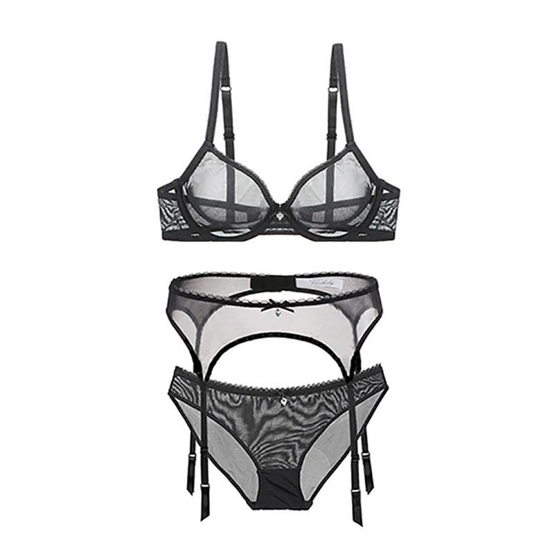 

Maison Gabrielle Transparent Tulle Lingerie Set Women's Underwear 3Pcs Underwired Bra Thong Panties Girdles Garters Sexy