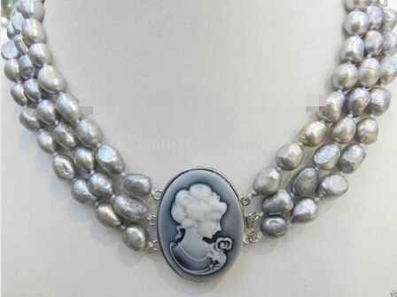 933 потрясающе! 3 ряда серый нерегулярные пресноводный жемчуг ожерелье оболочки