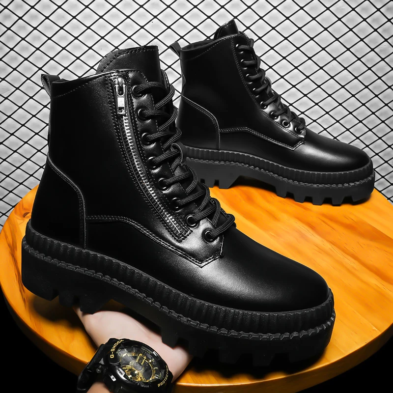 

Мужские ботинки средней длины, черные ботинки из толстой базовой ткани, высокие повседневные ботинки в британском стиле, Осень-зима 2021