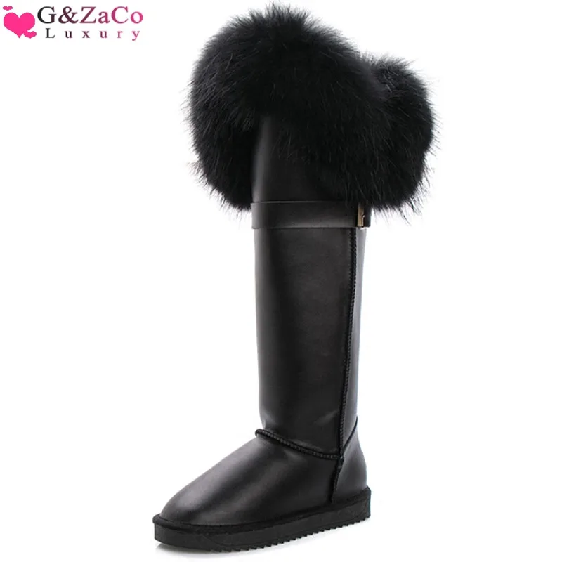 G& Zaco/зимние сапоги из натурального черного лисьего меха; сапоги до колена из натуральной коровьей кожи; высокие водонепроницаемые женские сапоги из енота