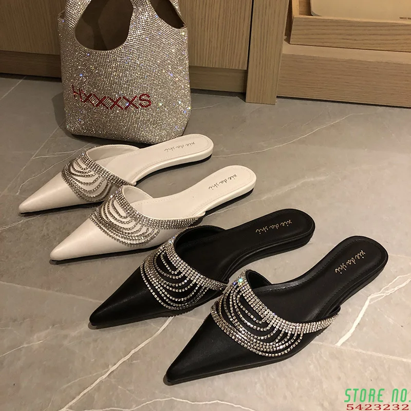 Женские тапочки мюли Женская обувь на плоской подошве с острым носком Элегантные