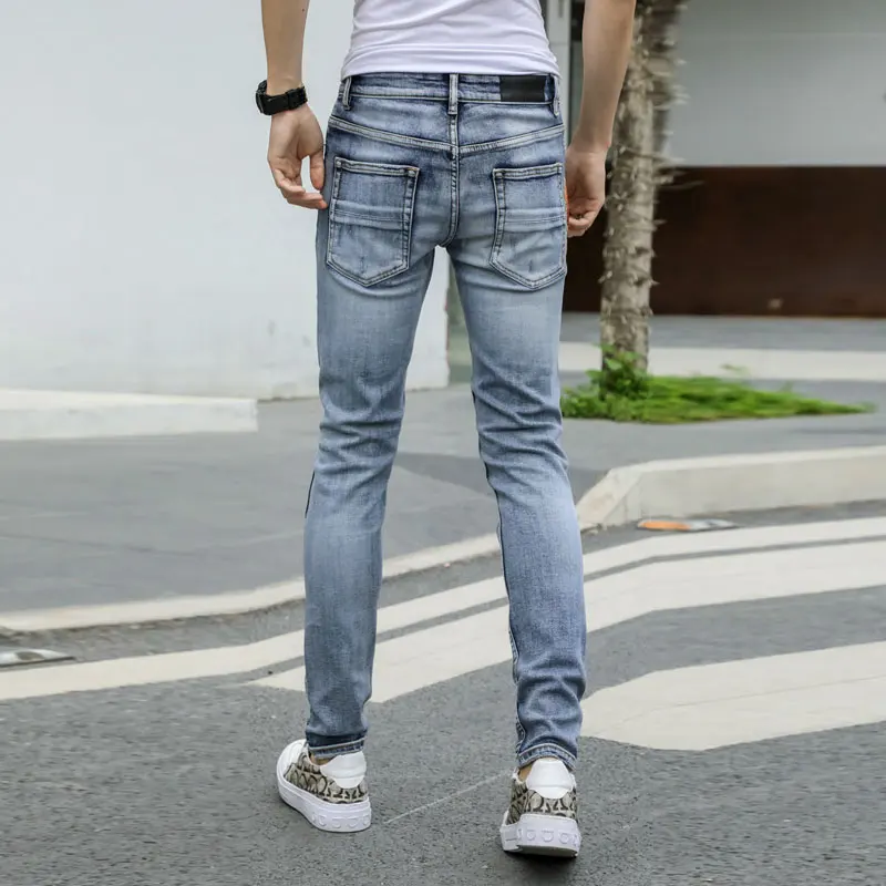 

American Street Style Fashion Men Jeans Retro Blue Elastic Slim Fit Ripped Jeans Men Patches Designer Hip Hop Denim Punk Pants