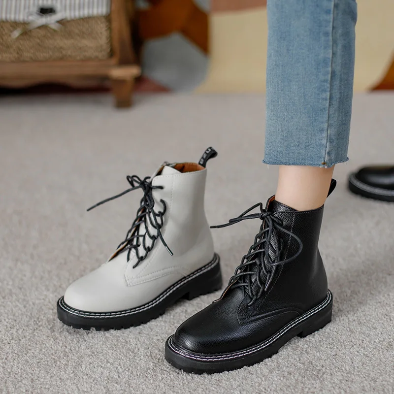 

Женские ботильоны из спилка на шнуровке, черные мотоциклетные ботинки на толстой платформе, Размеры 35-43, для осени и зимы, 2022