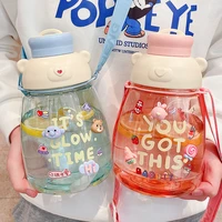 new diy bear big belly cup cute student large capacity straw water bottle cartoon plastic cup with strap free diy decorations