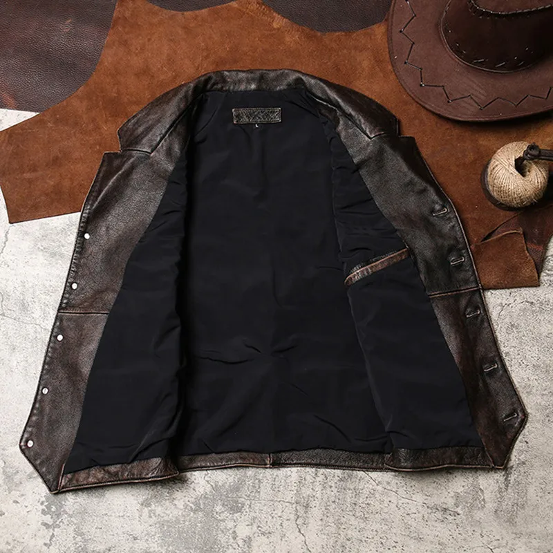 

2020 Vintage Brown Men Spring Casual Large Size XXXL Genuine Cowhide Russian Short Slim Fit Natural Leather Vest