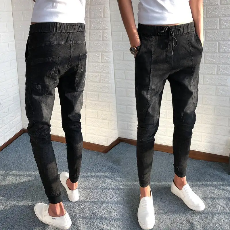 Vintage Jeans Men's Korean Fashion Pants Skinny Pants Slimming Teen Pants Male Students Winter Ankle-Tied Trousers Black Jeans