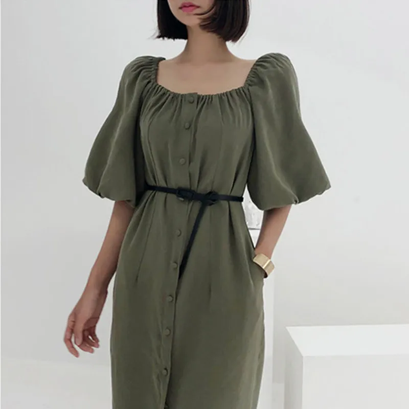 

Square Collar Clavicle Exposed Sexy Dress Women High Waist Hip Sashes A Line Vestidos Square Collar Short Sleeve Robe