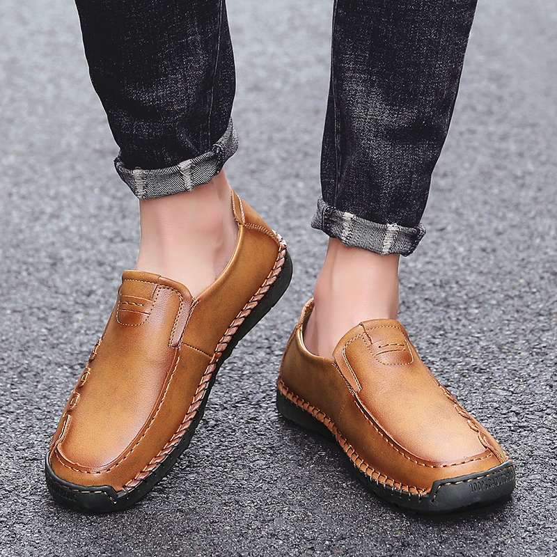 

Mens genuine Leather Shoes Slip on Summer Casual Loafers handmade Men Breathable Boat Shoes chaussure homme Moccasin big size 48