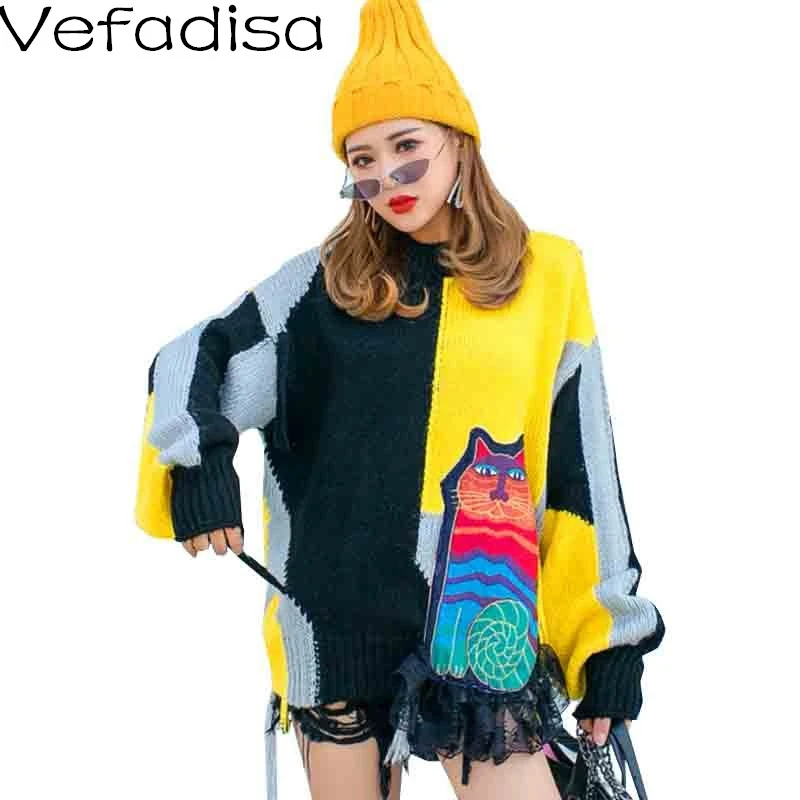 

Vefadisa Women Pullovers Sweater 2021 Spring Autumn Women Cat Appliques Sweater Female Patchwork Color Tassel Sweater LHX156