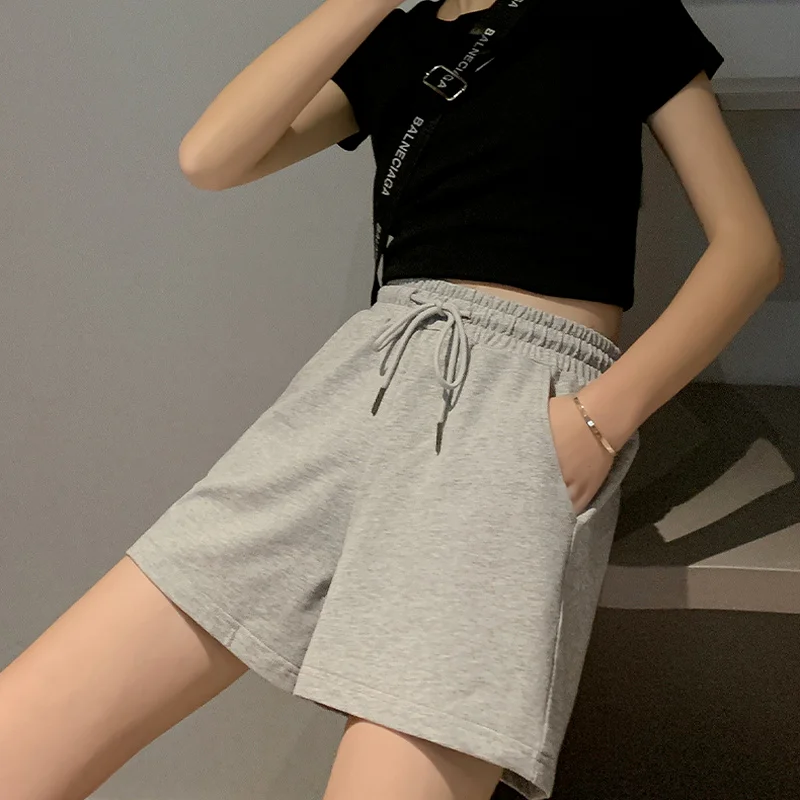 

Women Casual Shorts Fitness High Elastic Waist Solid Summer Loose Sweatpants Simple Korean Style All-match Ulzzang Daily Leisure
