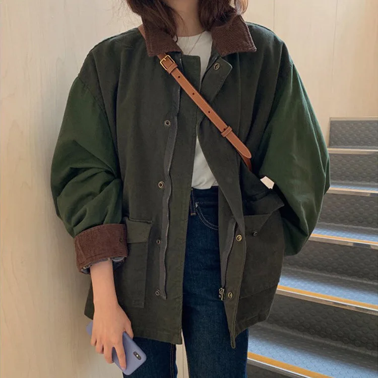 

Women Turn-Down Collar Patchwork Jacket Vintage Full Lantern Sleeve Army Green Trench All-Match Coats Hip Hop Streetwear Female