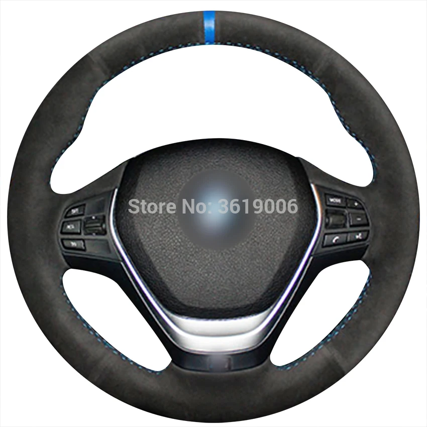 

For BMW F30 320i 328i 320d F20 Hand-stitched Anti-Slip Black Suede Blue Marker DIY Steering Wheel Cover