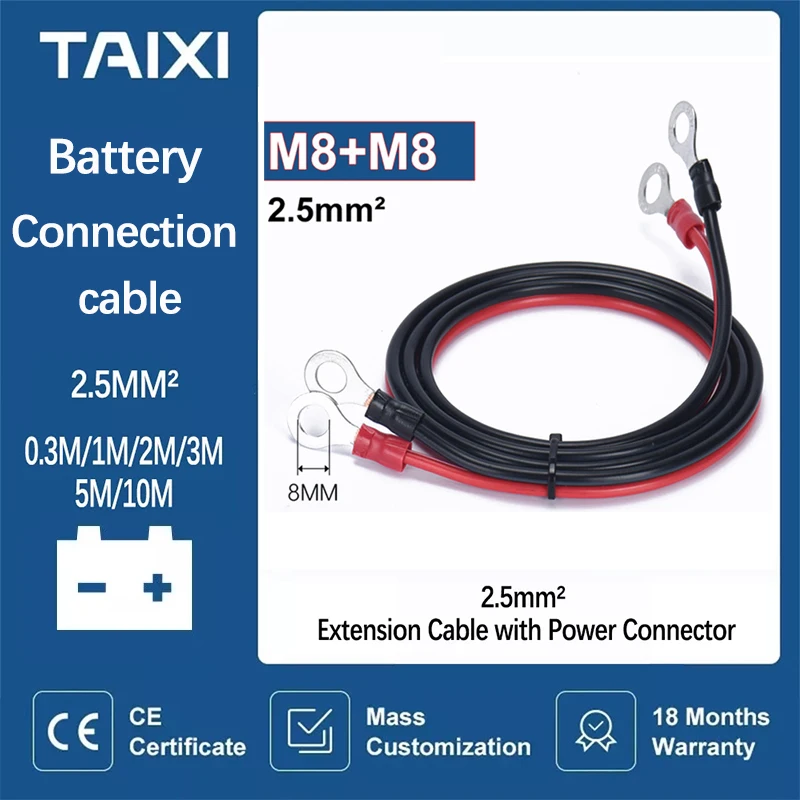 

Battery Connection 2.5mm² Extension Cable with Power Connector M8 Ring Terminal,Crocodile Clips 30A 600V Power Extended Wire