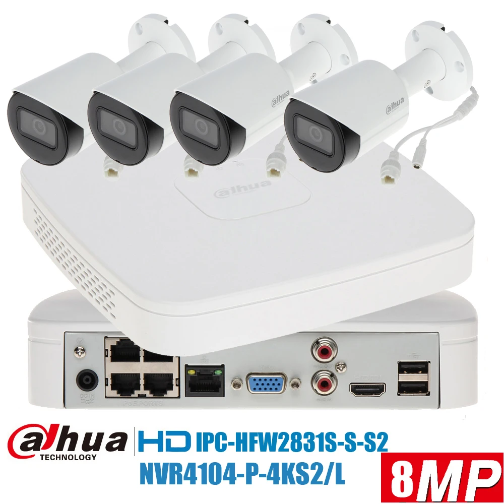 

original dahua mutil language 8MP h.265 4K bullet POE IP camera kit IPC-HFW2831S-S-S2 with 4ch POE NVR4104-P-4KS2/L