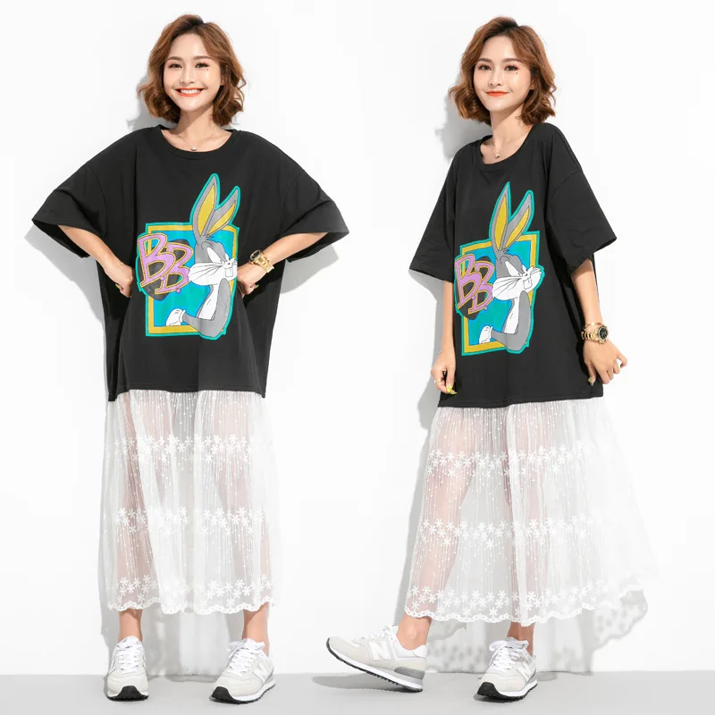 

Plus Size Women T-shirt Dress Elegant Lady Summer Short Sleeve Mesh Patchwork Korean Fashion Dresses vestidos robe femme