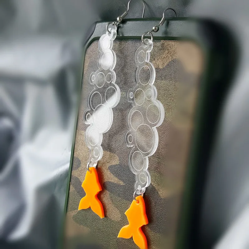 Милые прозрачные длинные акриловые висячие серьги с пузырьками золотых рыбок