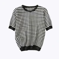 2021 summer new thin knitted short sleeve ice silk womens loose and thin meat covered round neck strip