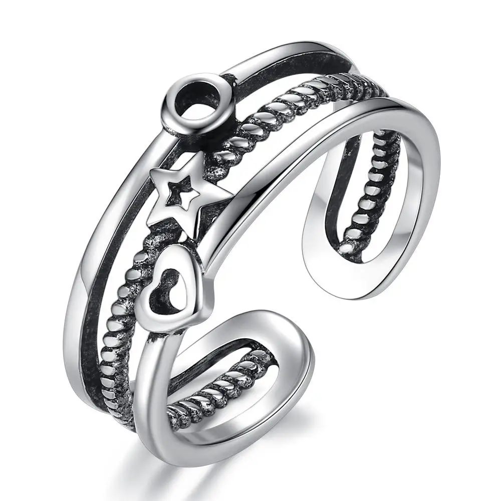 

Hollow Heart Star Multi-layer Vintage Punk Adjustable Thai Silver Color Ring For Women Mens Trendy Tibetan Jewelry