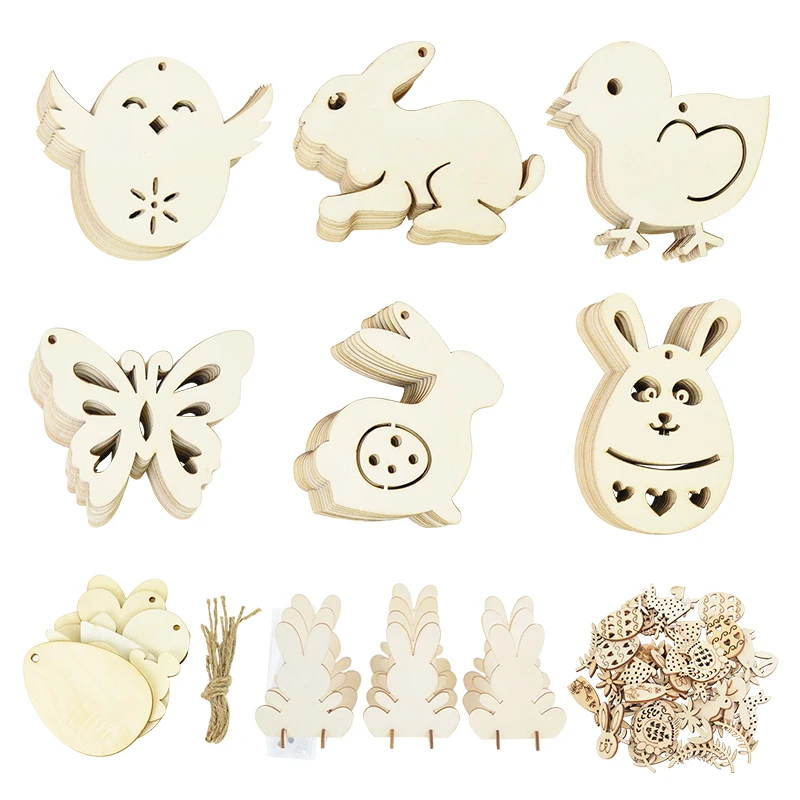 

Happy Easter Easter Eggs Rabbit Chicks Butterfly Blank Wood Chips Unfinished Wooden Discs For DIY Handicraft Festival Ornament