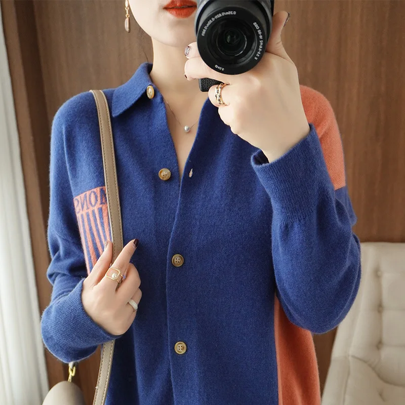 

2021 spring and autumn lapel knitted cardigan women's new color matching loose western style long-sleeved single-breasted top