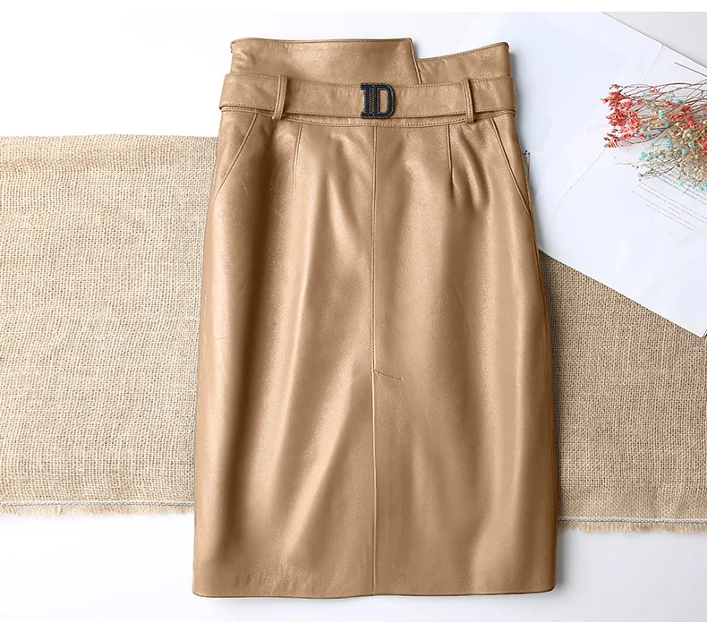 Real Genuine Leather Skirt Women 2020 New Midi High Waist Bodycon Skirt Office Ladies Pencil Skirt Belted Knee Length Plus Size