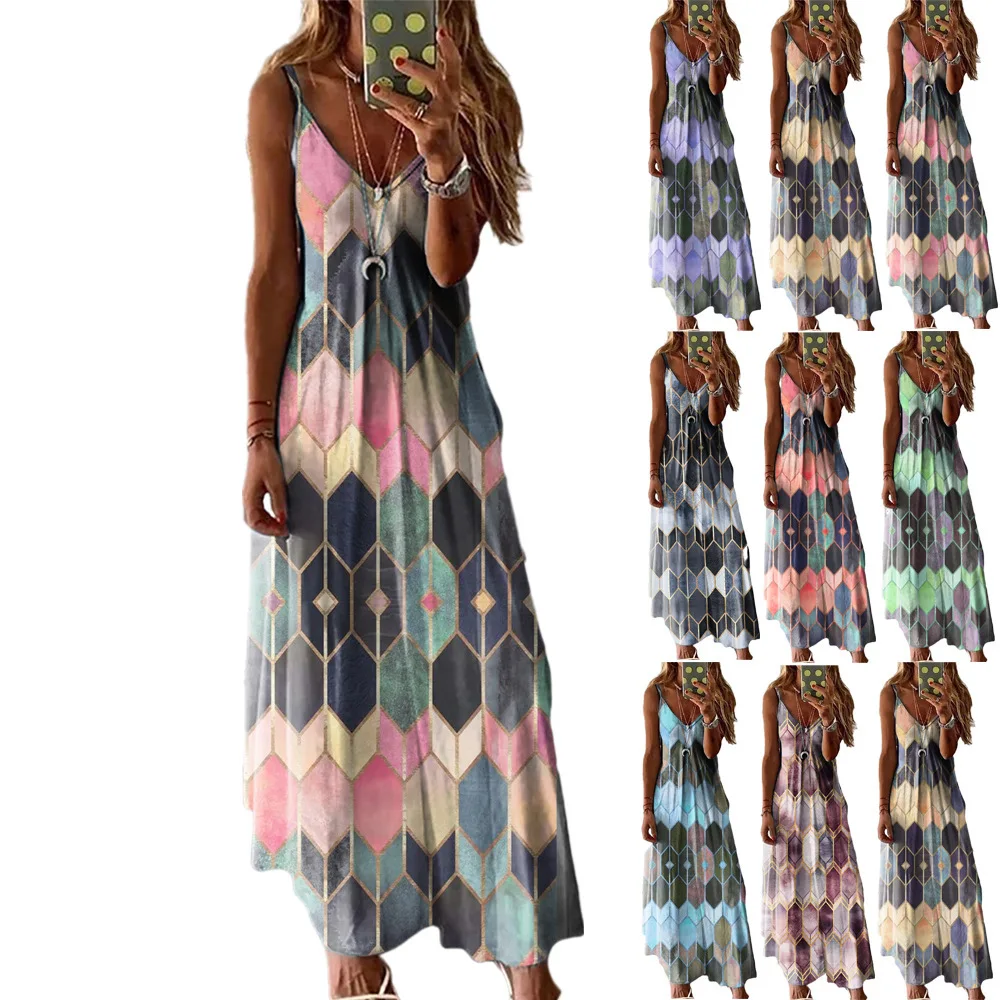 

Summer New 2021 Women Fashion Ethnic Print V-neck Sleeveless Maxi Dress Ladies Casual Loose Beach Cami Dresses Plus Size S-5XL