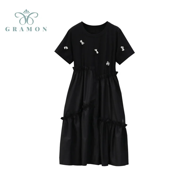 

Plus Size Women Summer Dress Gothic Patchwork Short Sleeve Black T-shirt Dress Lady 2021 New Fashion Bow A-line Dress Female
