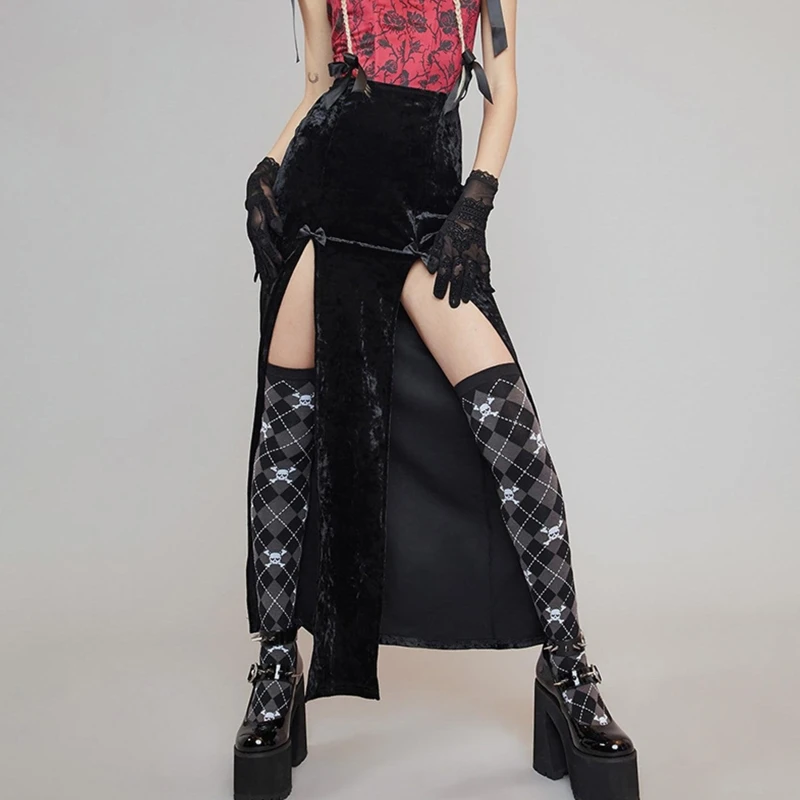 

Women Punk Black Velvet Sweet Bows Sexy Side High Split Slim Midi Long Skirt DXAA