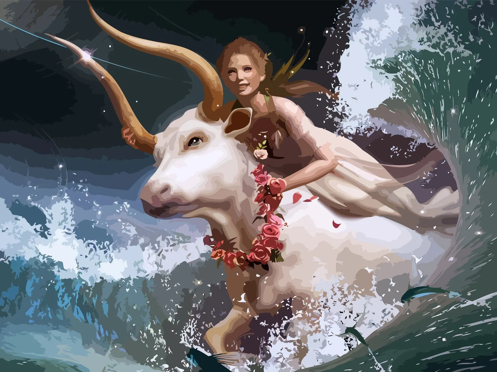 Картина девушка на быке в море