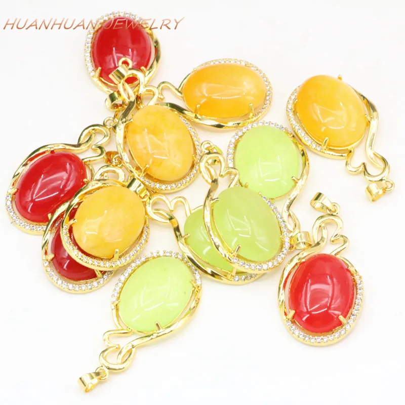 

Female Drop Chain Necklaces pendants Natural Stone Jades Chalcedony Zircon Gold-Color Stainless Steel Pendants 19x36mm B3340