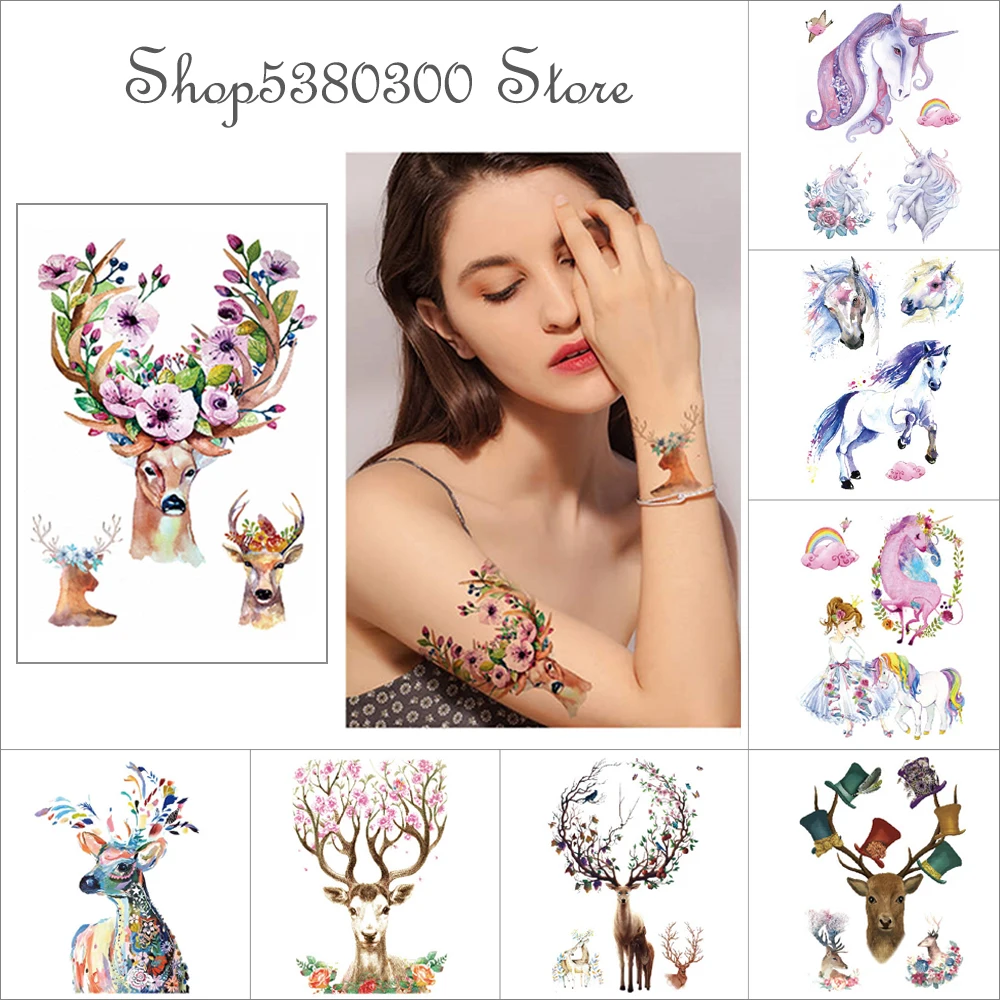 

Temporary tattoo sticker flower birdie sika deer elk unicorn hat Watercolor waterproof fake tattoo Cartoon cute tattoo paste