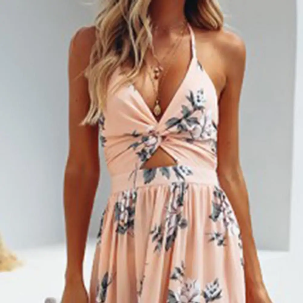 

Women Dress Floral Print Halter Summer Off Shoulder Backless Sundress Boho Maxi Long Dress Evening Party Beach Dresses