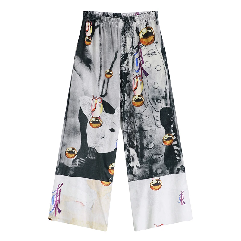 

KOSAHIKI Harajuku Vintage Graffiti Print Velvet Pants Women Streetwear Trousers Elastic Waist Loose Casual Wide Leg Pants